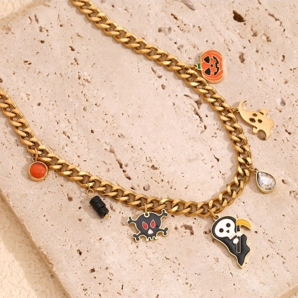Spooky Chic 18K Gold Plated Halloween Charm Necklace With Ghost, Pumpkin & Skull - Picture 4 of 10